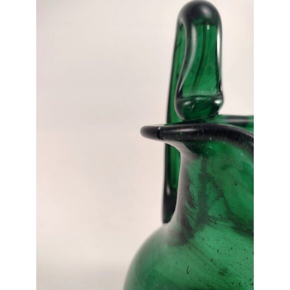 Vintage Hand-Blown Emerald Green Glass Pitcher Vase Jug Curved Handle SIGNED - Picture 9 of 11